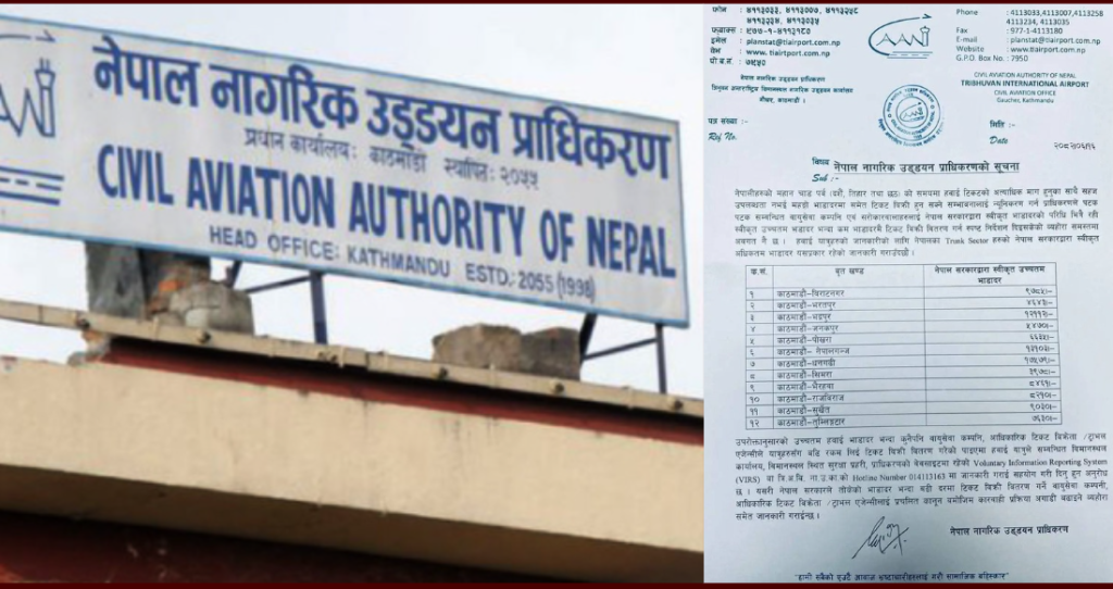 प्राधिकरणद्वारा आन्तरिक हवाई उडानको उच्चतम भाडादर निर्धारण, कहाँको कति ?