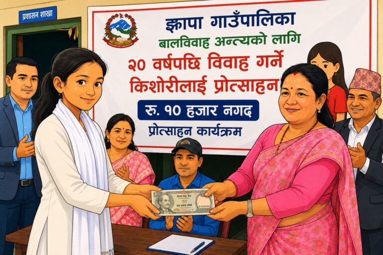 २० वर्षपछि विवाह गर्ने किशोरीलाई झापा गाउँपालिकाले प्रोत्साहनस्वरुप १० हजार  दिने
