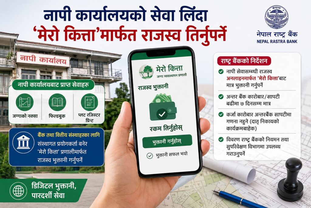 जग्गाको नक्सा र फिल्डबुकको शुल्क ‘मेरो कित्ता’मार्फत भुक्तानी गर्नुपर्ने