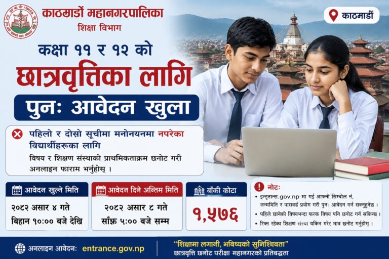 काठमाडौं महानगरले कक्षा ११ र १२ को छात्रवृत्तिका लागि पुनः आवेदन माग्यो